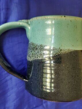 OOAK Signed KHP Pottery Mug Teal & Black Glaze Thumb Grip Rustic Earth Cottage